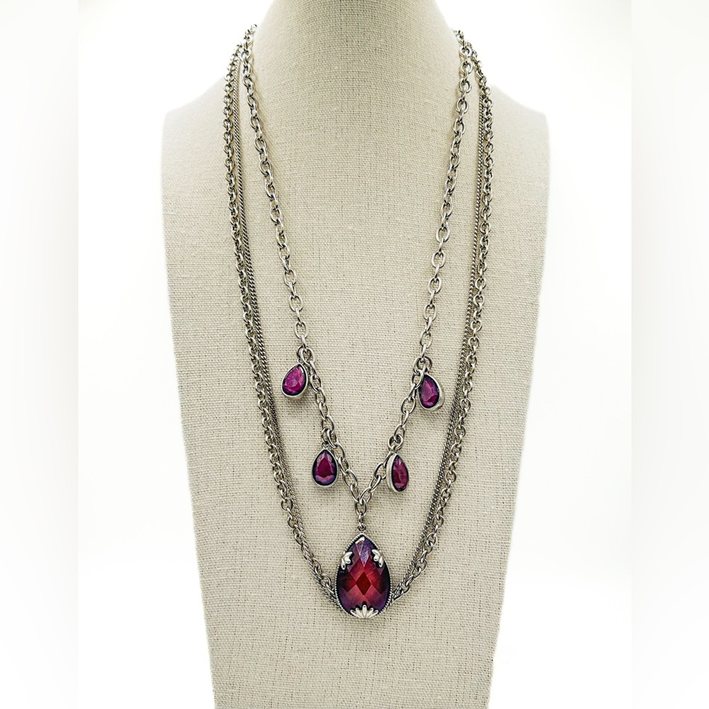 Boho Bordeaux Teardrop Necklace, Mixed Metal Multistrand Silver Statement Piece